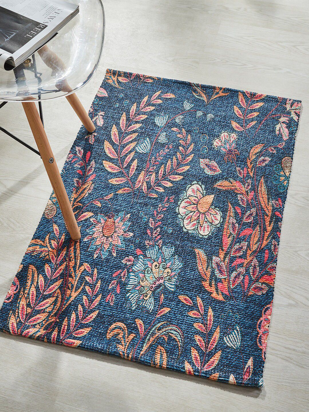 Mona B Blue & Pink Printed Vintage Anti-Skid Dhurrie Carpet
