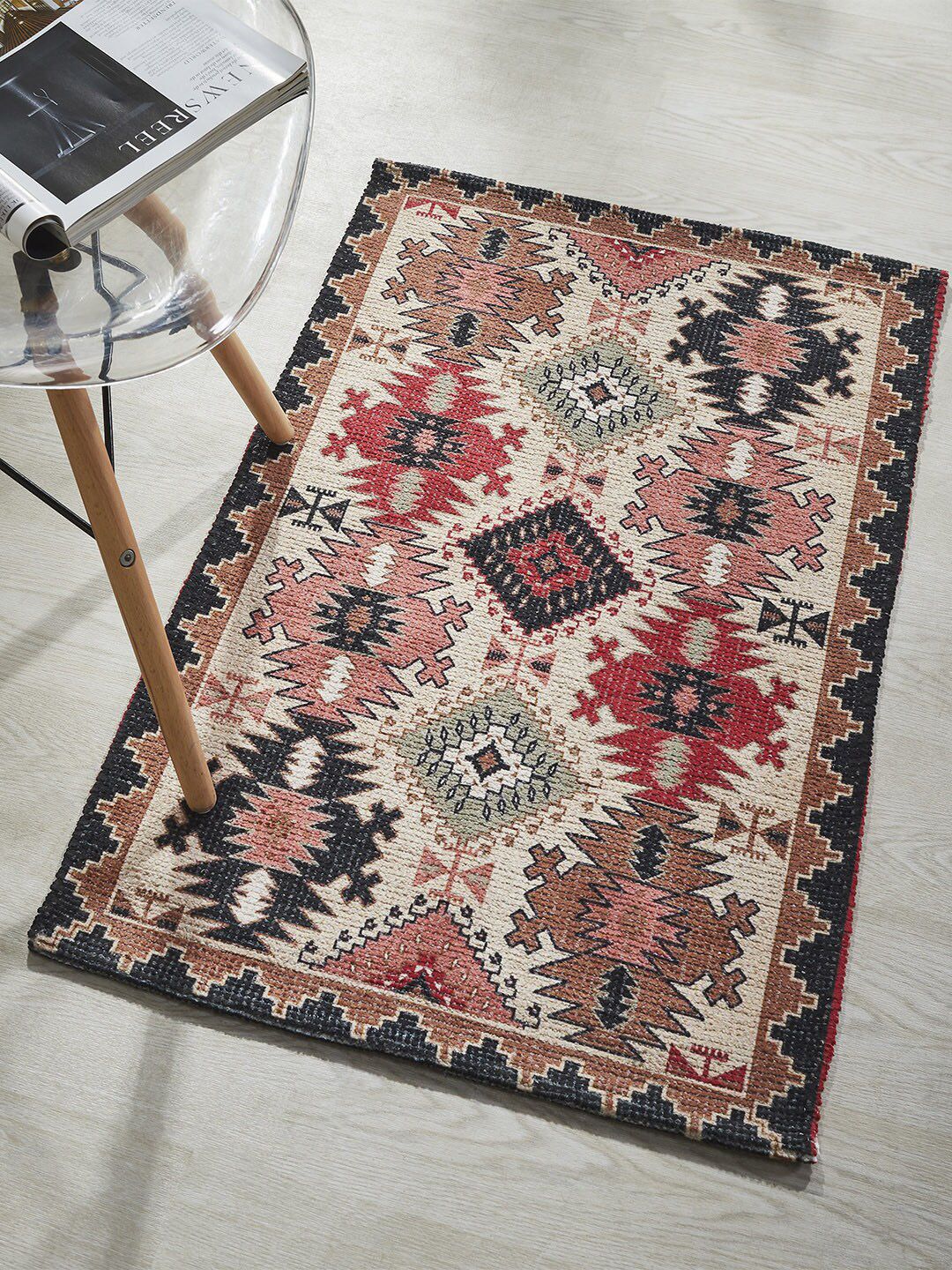 Mona B Beige & Black Printed Vintage Anti-Skid Dhurrie Carpet