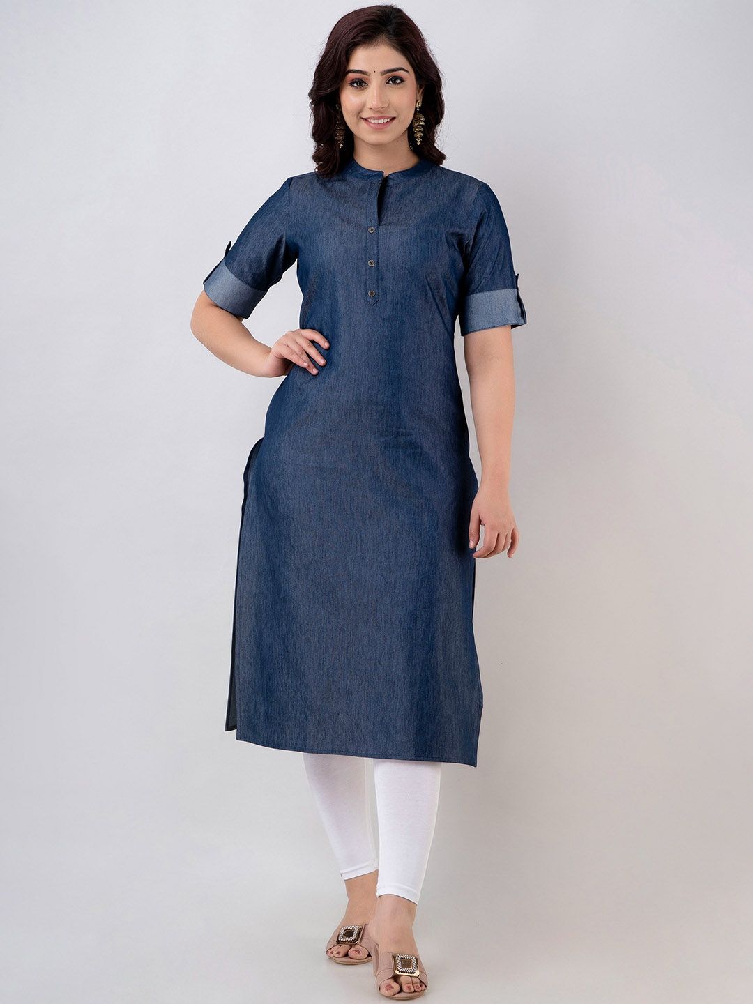 CELEBRAVO Mandarin Collar Roll-Up Sleeves Denim Straight Kurta