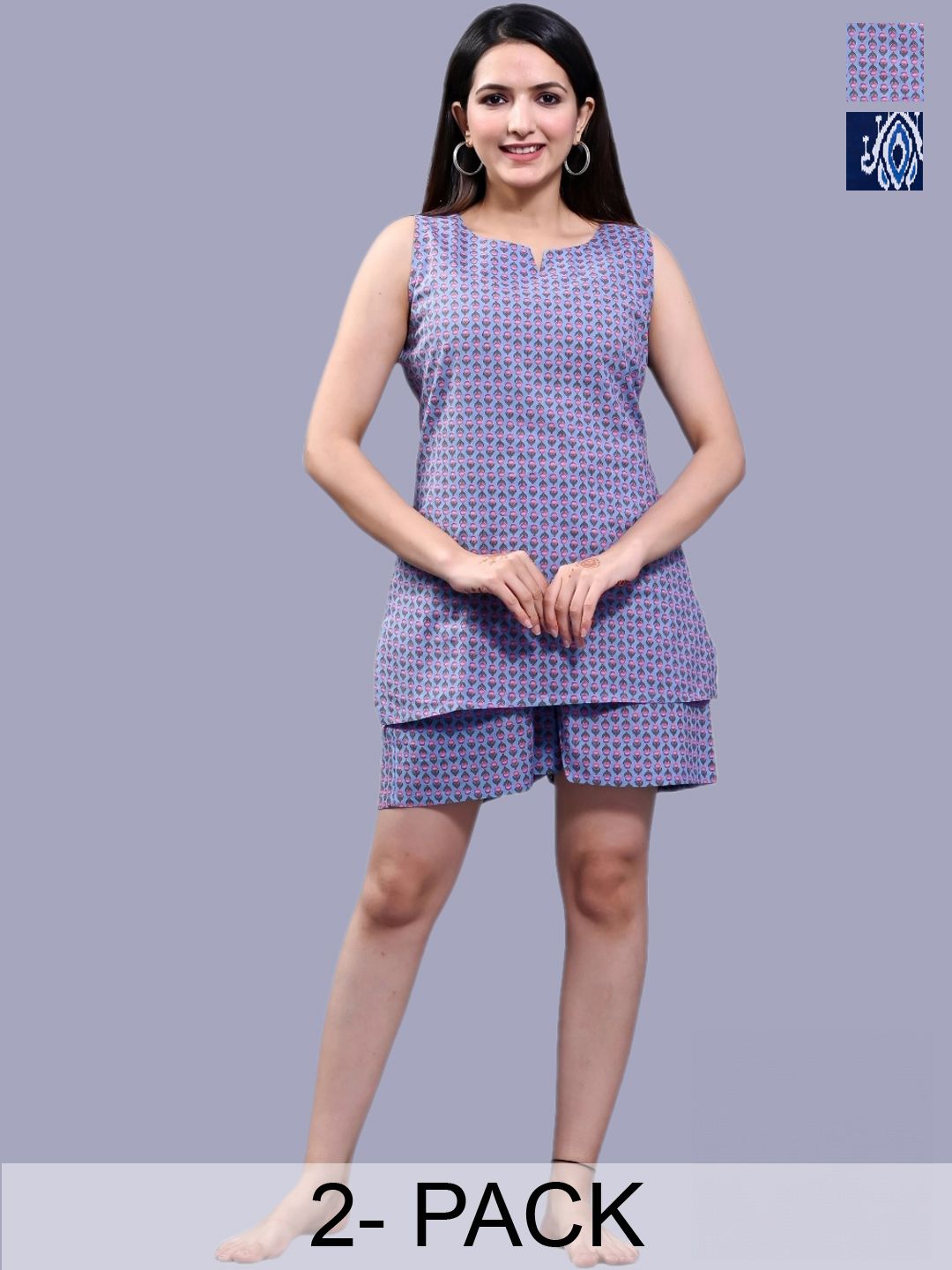 Krati Creations Pack Of 2 Floral Print Sleeveless Cotton Night Suit