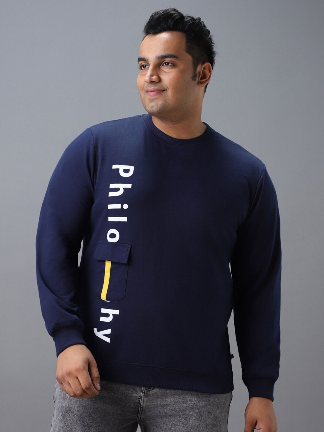 Urbano Plus Blue Cotton Graphic Print Round Neck Sweatshirt
