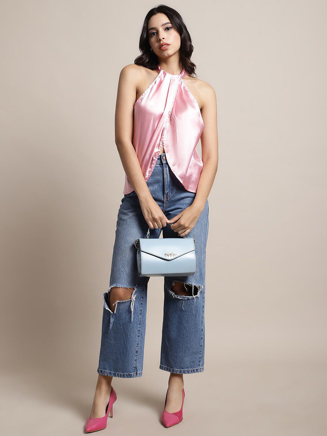 BLANC9 Solid Halter Neck Satin Sleeveless Top