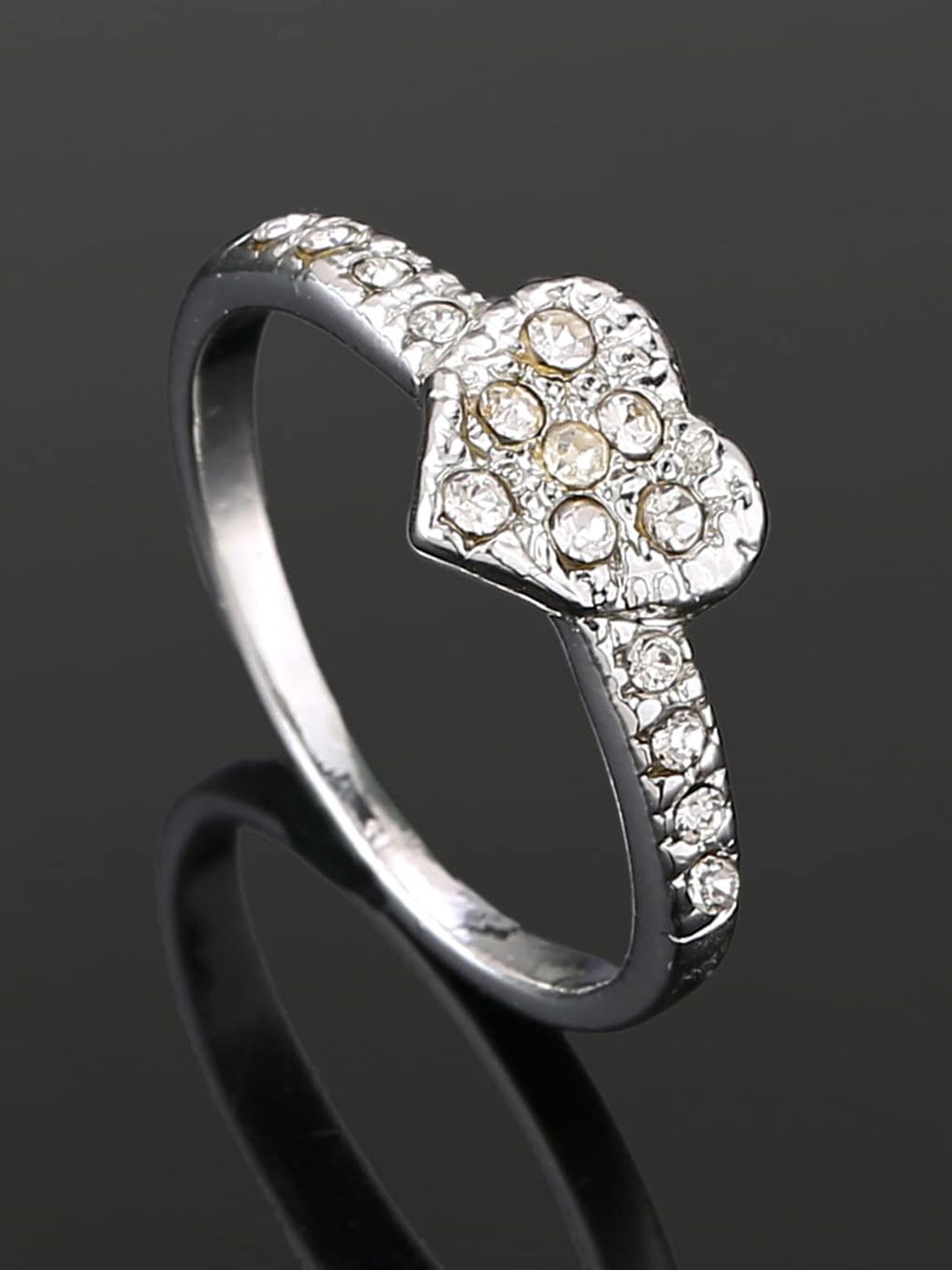 Estele Rhodium Plated Crystal Studded Heart Shaped Finger Ring