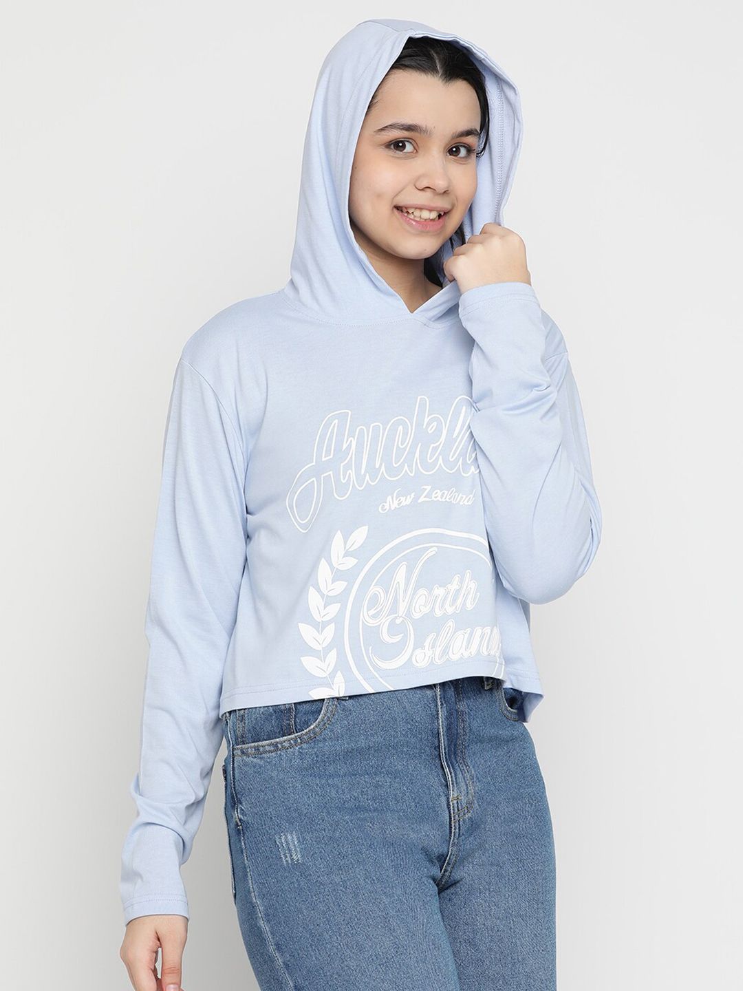 Girls Typography Printed Hooded Crop T-shirt 3