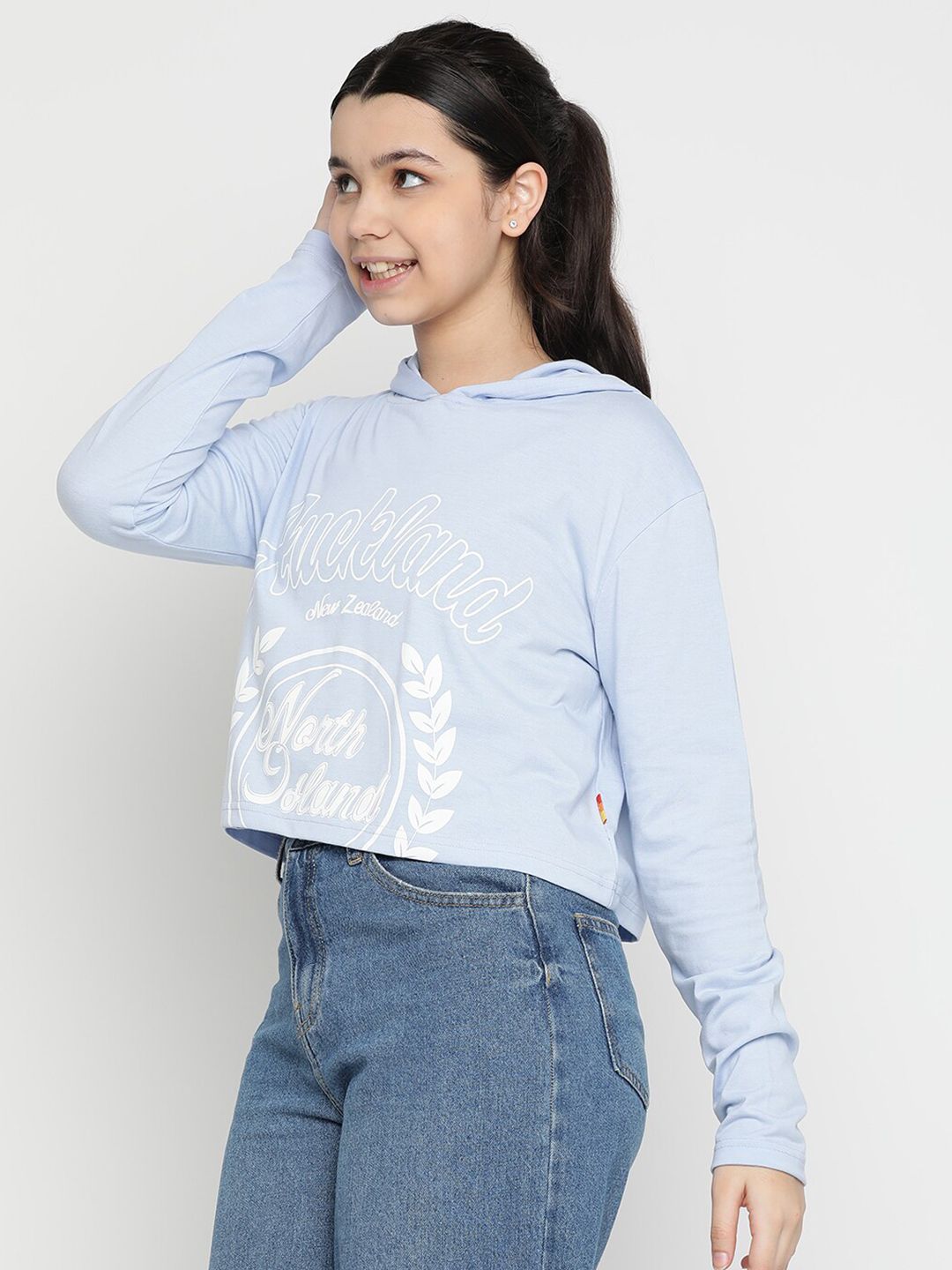Girls Typography Printed Hooded Crop T-shirt 4