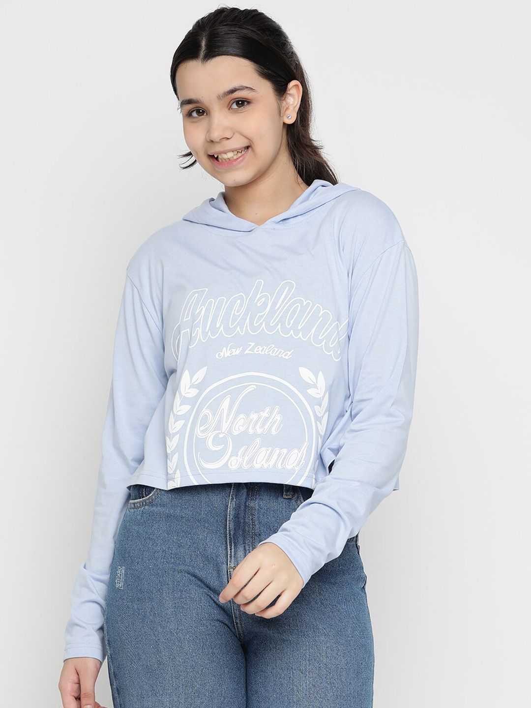Girls Typography Printed Hooded Crop T-shirt