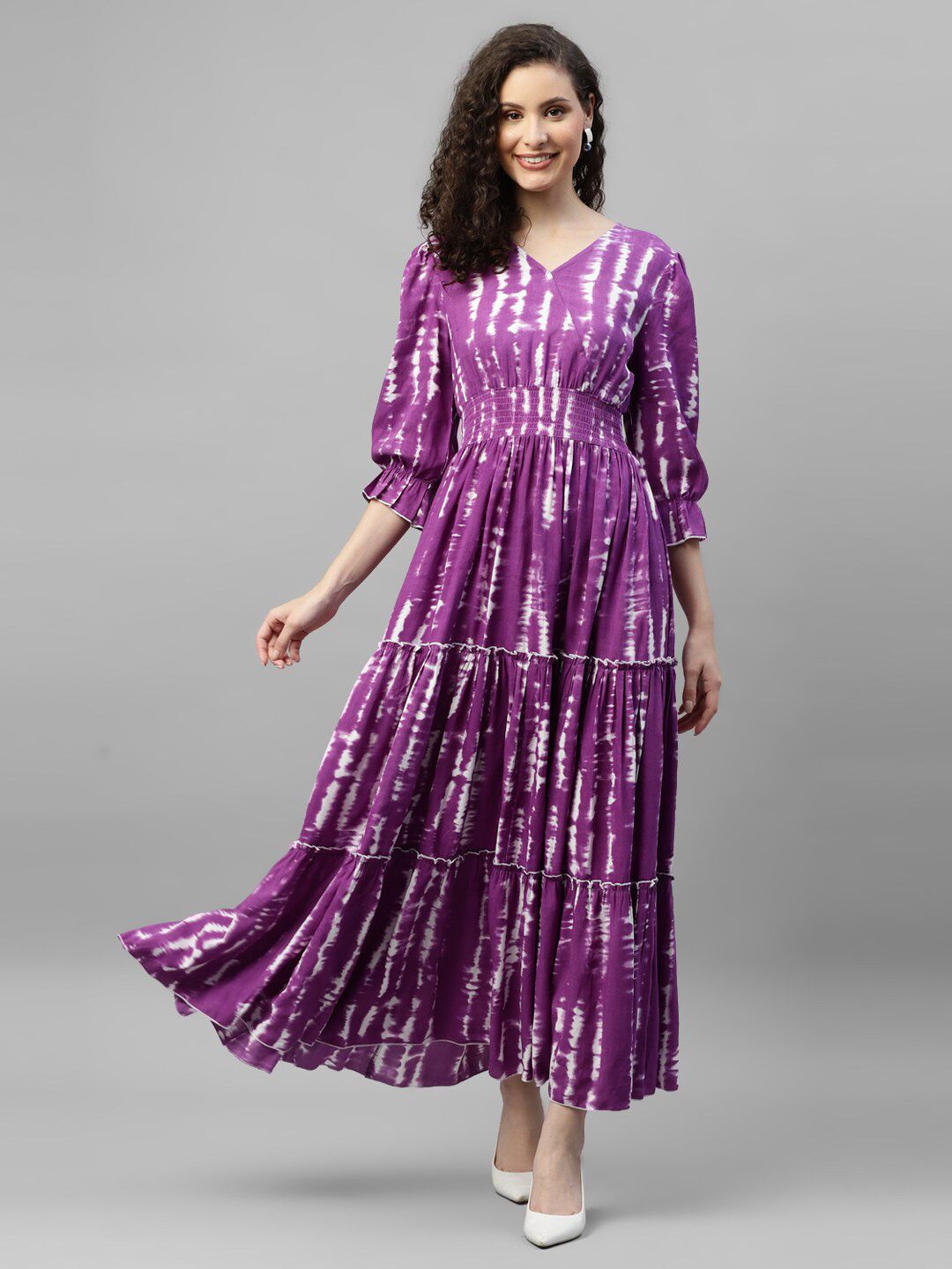 DEEBACO Tie and Dye Dyed V-Neck Puff Sleeve Smocked Tiered Maxi Dress