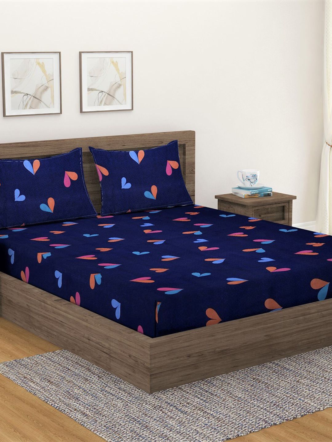 Fashion String Blue Conversational Microfiber 144 TC Queen Bedsheet with 2 Pillow Covers-216 x 220 cm