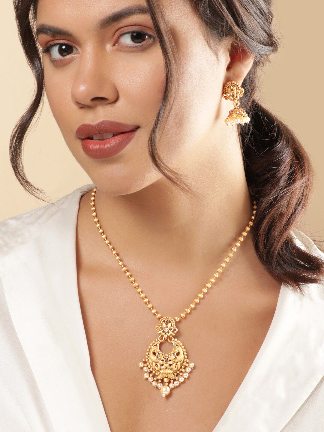 Buy Rubans 18K Gold Plated Golden Bead & White Pearl Drop Chandbali Pendant Jewellery Set -  - Accessories for Women