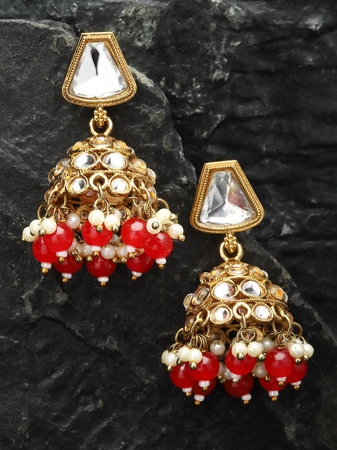 ZENEME Gold-Plated Kundan Studded Dome Shaped Jhumkas