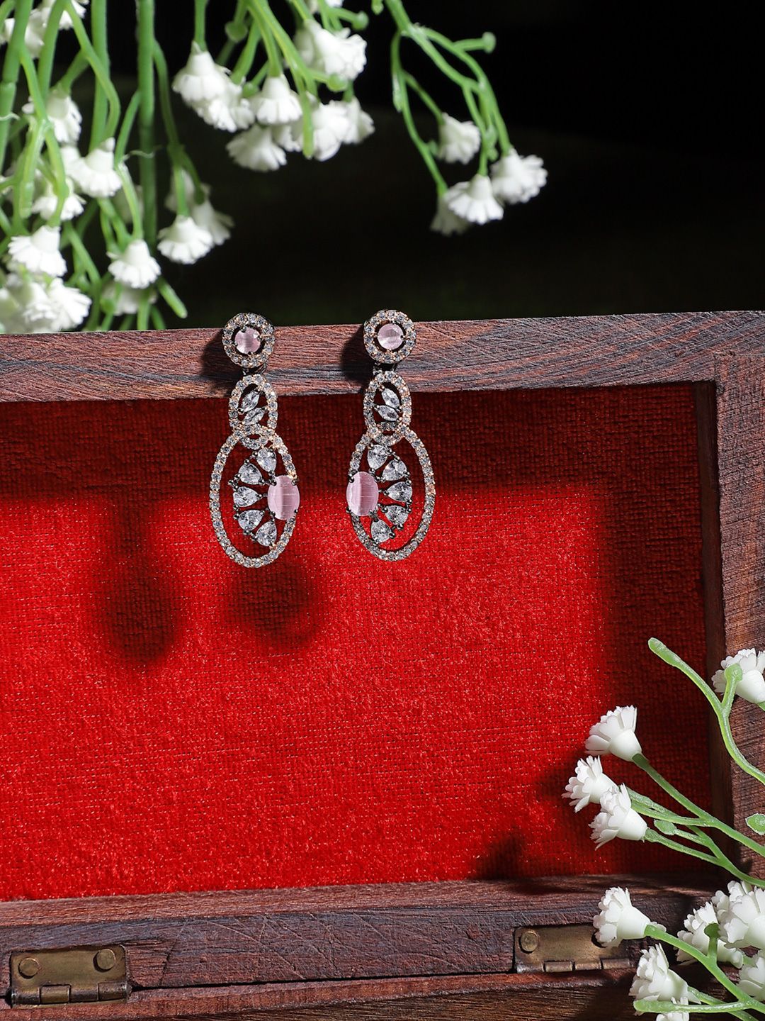 Rose Gold-Plated Gunmetal Toned American Diamond Studded Drop Earrings