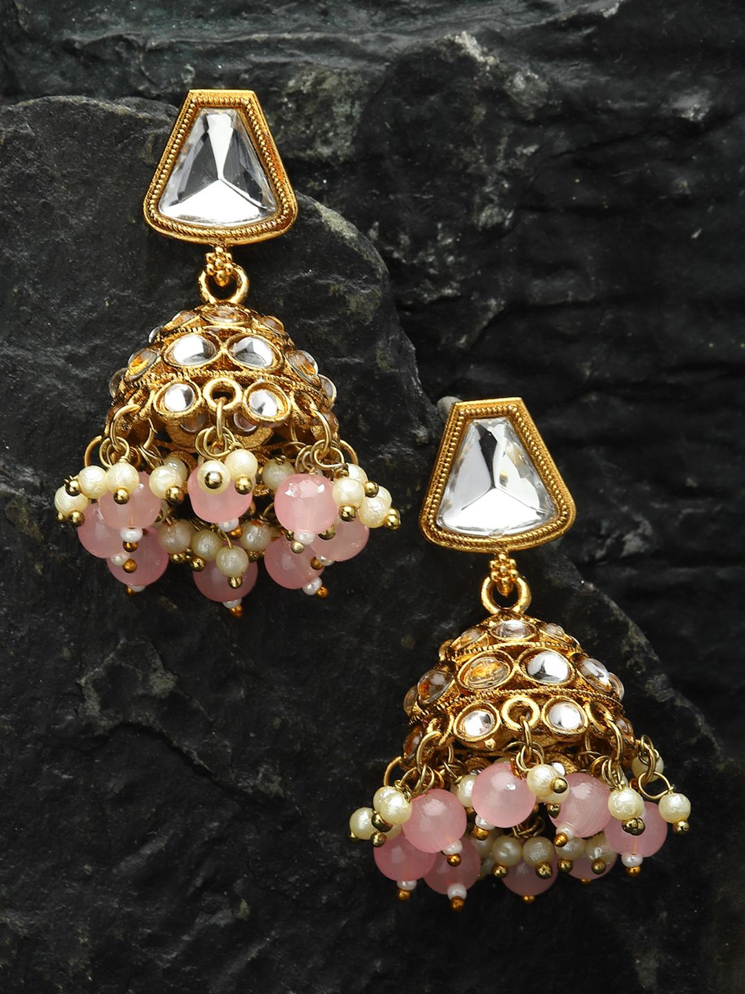 ZENEME Peach-Coloured Dome Shaped Jhumkas Earrings