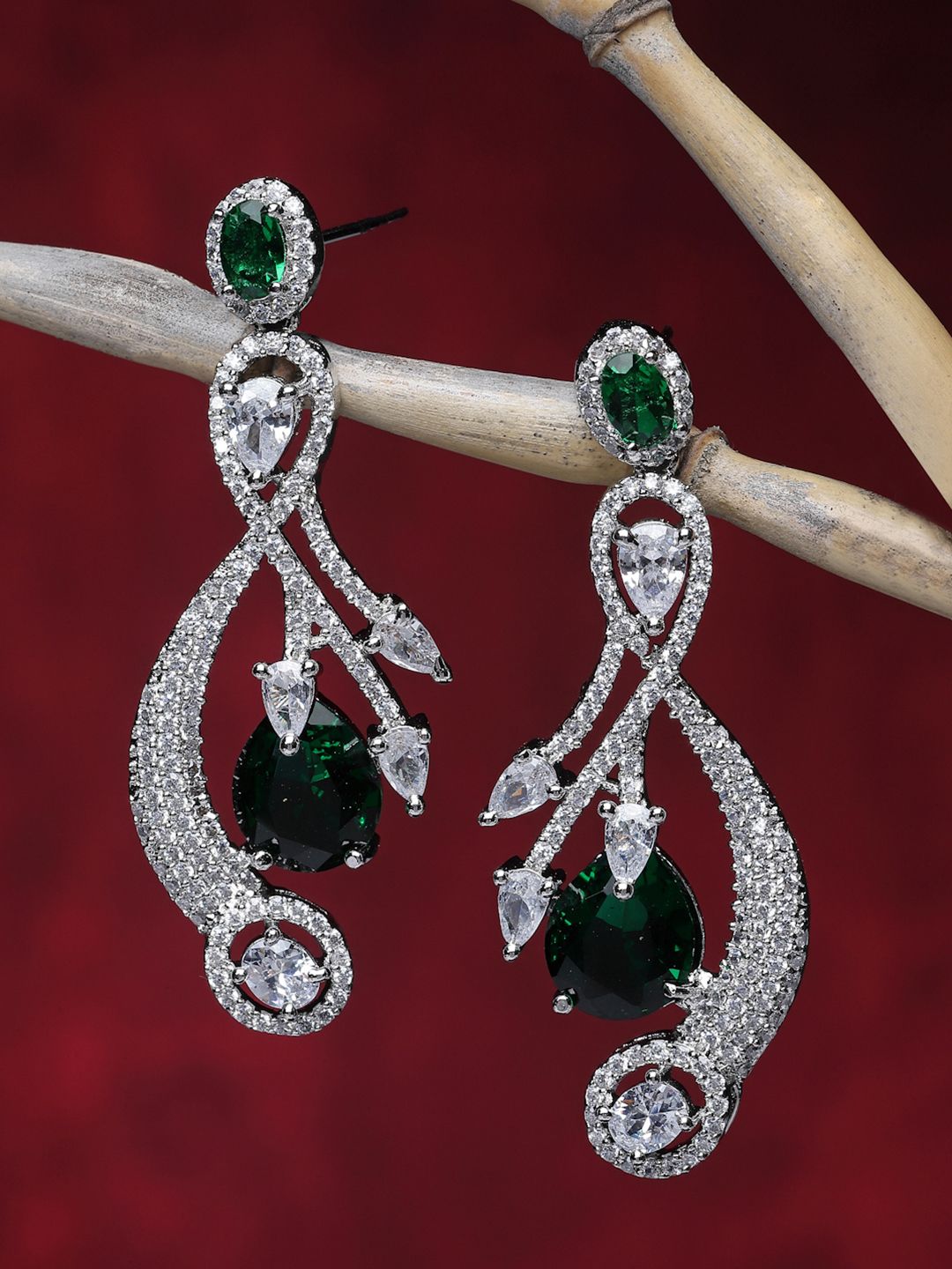 ZENEME Rhodium-Plated AD Studded Contemporary Drop Earrings