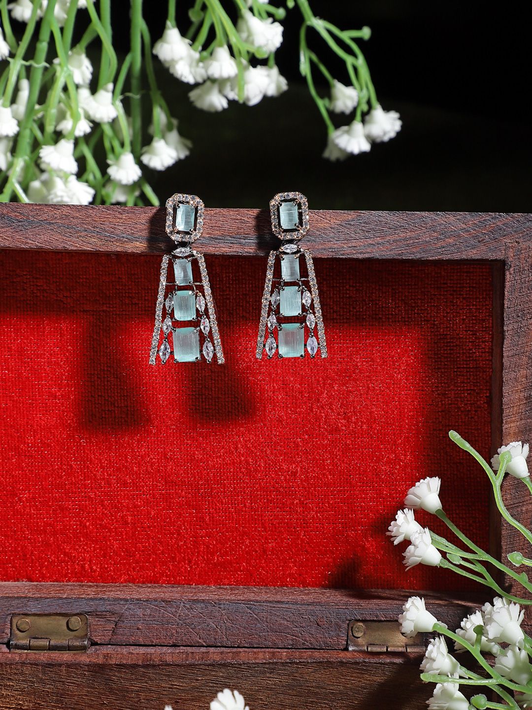 Rose Gold Gunmetal Toned Sea Green American Diamond Studded Drop Earrings