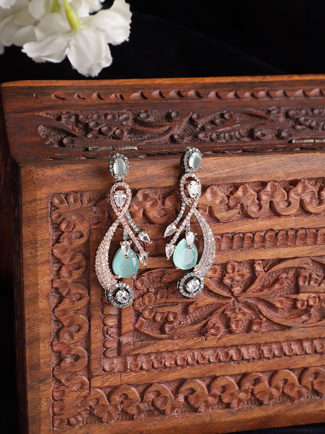 Buy ZENEME Rose Gold Gunmetal Toned Sea Green American Diamond Studded Earrings -  - Accessories for Women