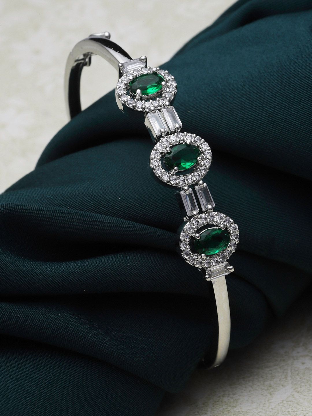 Buy ZENEME Rhodium Plated Silver Toned Emerald American Diamond Cuff Bracelet -  - Accessories for Women