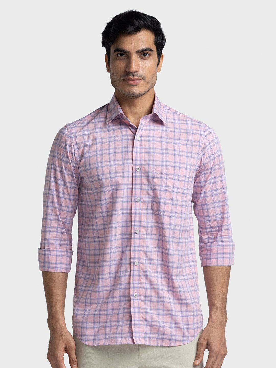 ColorPlus Tailored Fit Grid Tattersall Checked Cotton Casual Shirt