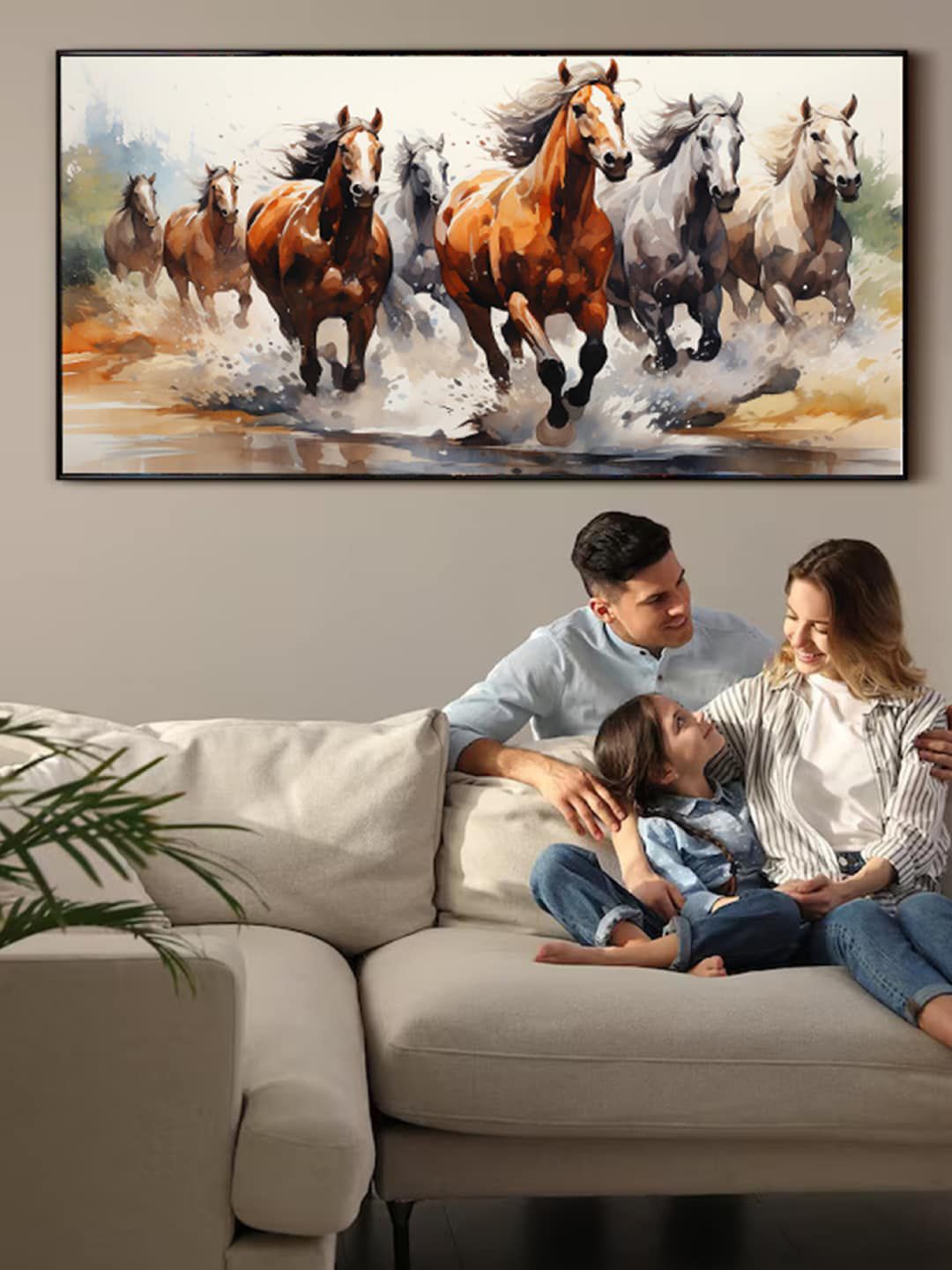 Art Street Abstract 7 Horse Vastu Framed Canvas Wall Art Painting 23x47 In