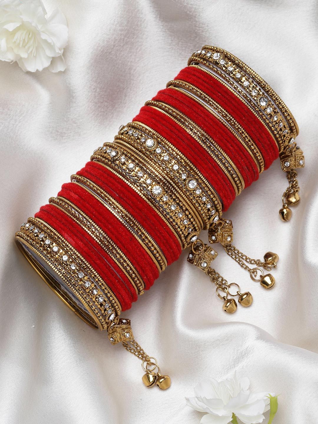 ZENEME Set Of 56 Gold-Plated Matte Finish Velvet AD-Studded Gold Pearl Tasselled Bangles