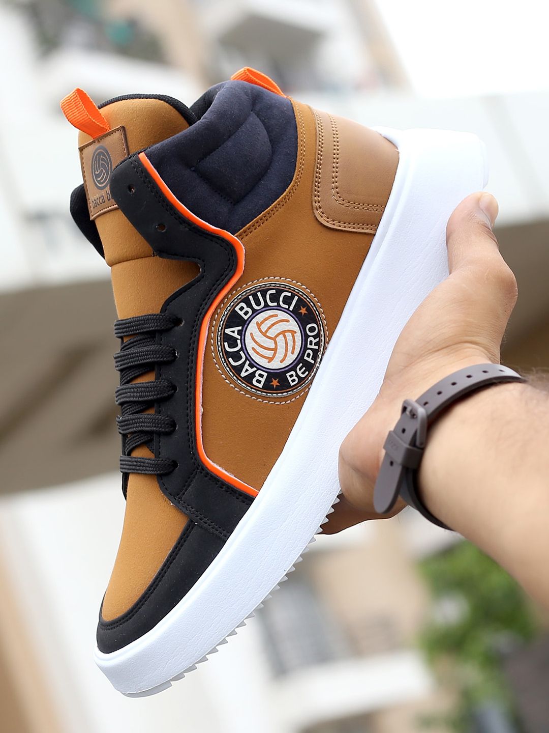 bacca bucci Men Tan Gravity Colourblocked Non-skid Mid-Top Chunky Sneakers