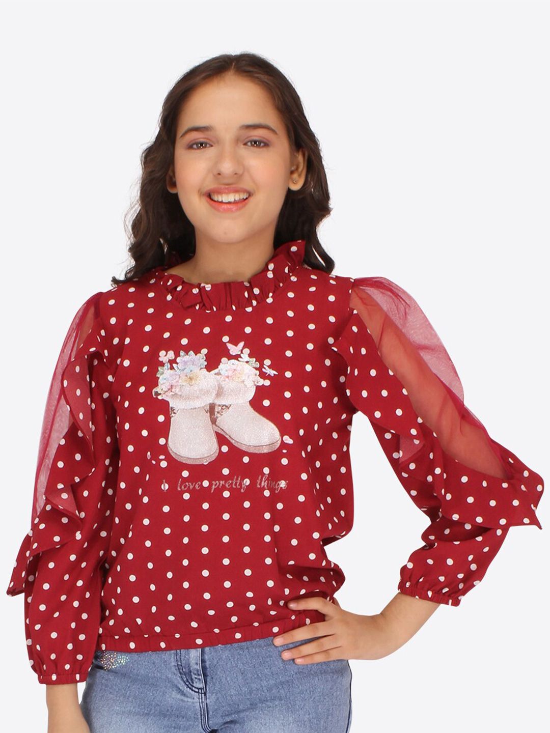 CUTECUMBER Girls Polka Dot Printed Puff Sleeves Applique Blouson Top