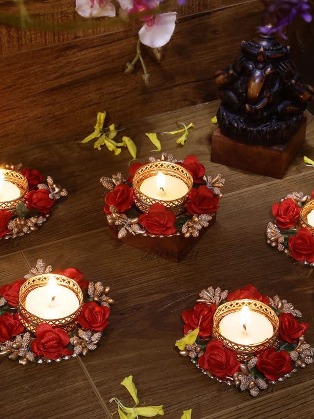 Divyakosh 5 Pcs Red & Golden Tea-Light Candles With Holders