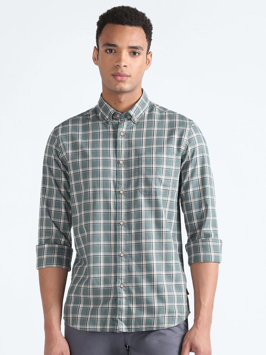 Flying Machine Checked Cotton Button-Down Collar Slim Fit Opaque Casual Shirt