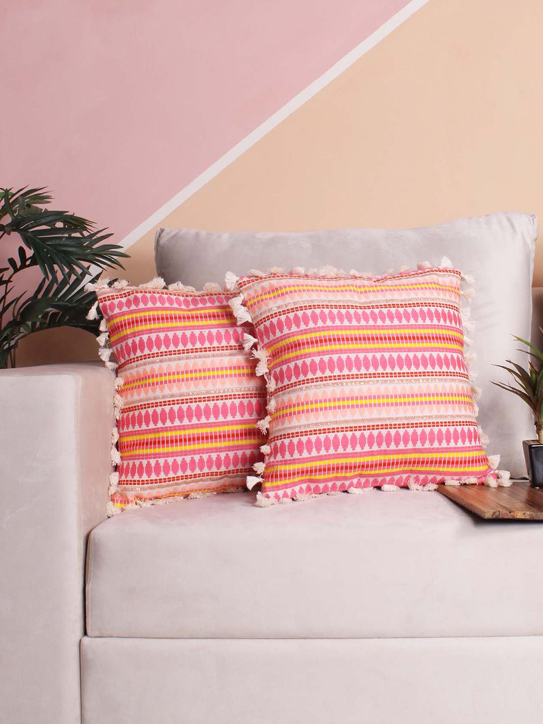 STITCHNEST Set of 2 Fuchsia & White Ethnic Motifs 24'' x 24'' Cushion Cover
