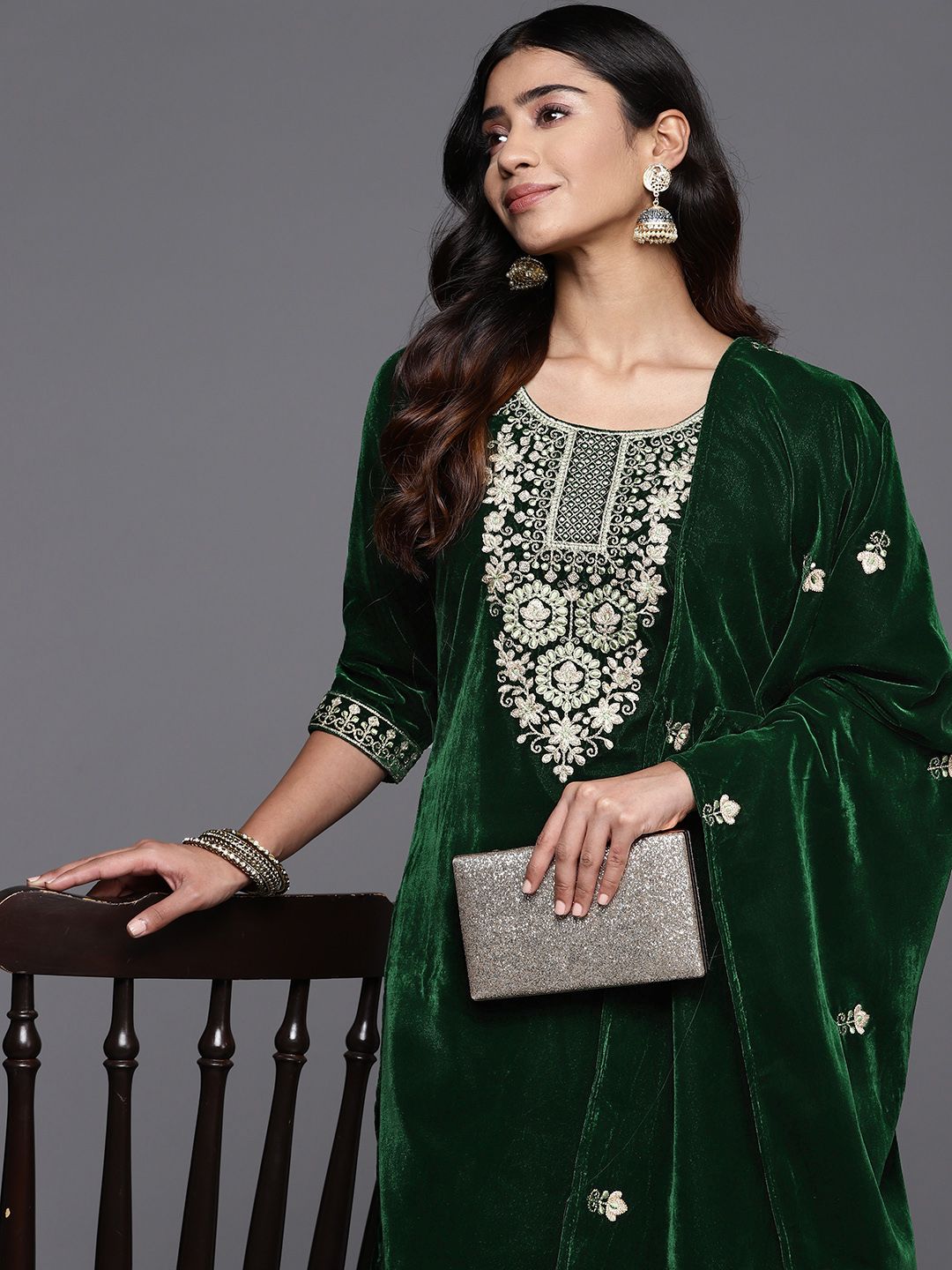 Varanga Winter floral Zari Embroidered Velvet Kurta Set with Dupatta.