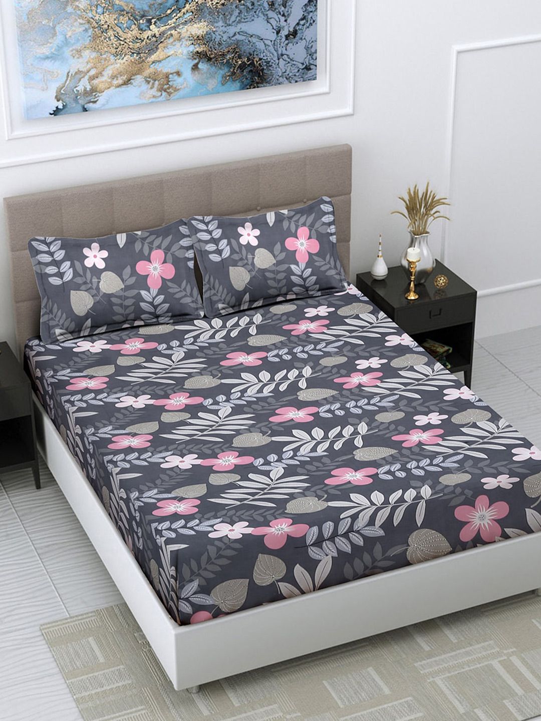 Buy FABINALIV Grey Floral Polycotton 300 TC King Fine Bedsheet With 2 Pillow Covers -  - Home for Unisex