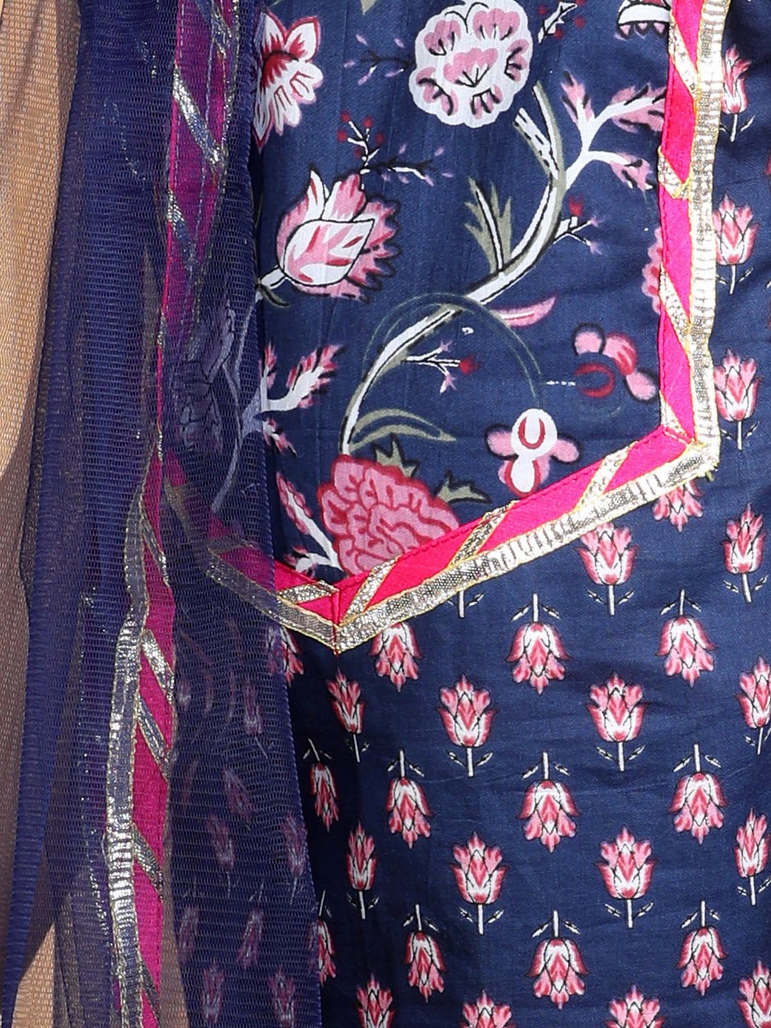 X Kinder Kids Girls Floral Printed Gotta Patti Pure Cotton Kurta with Trousers & Dupatta 2