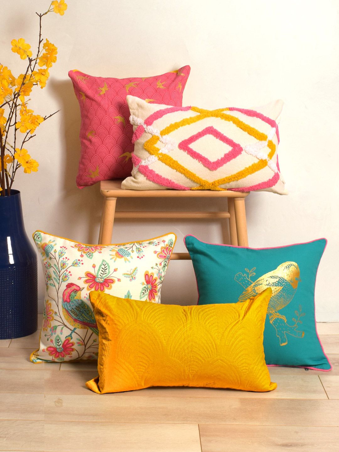 BLANC9 Pink & Blue 5 Pieces Ethnic Motifs Square & Rectangle Floral Cushion Covers