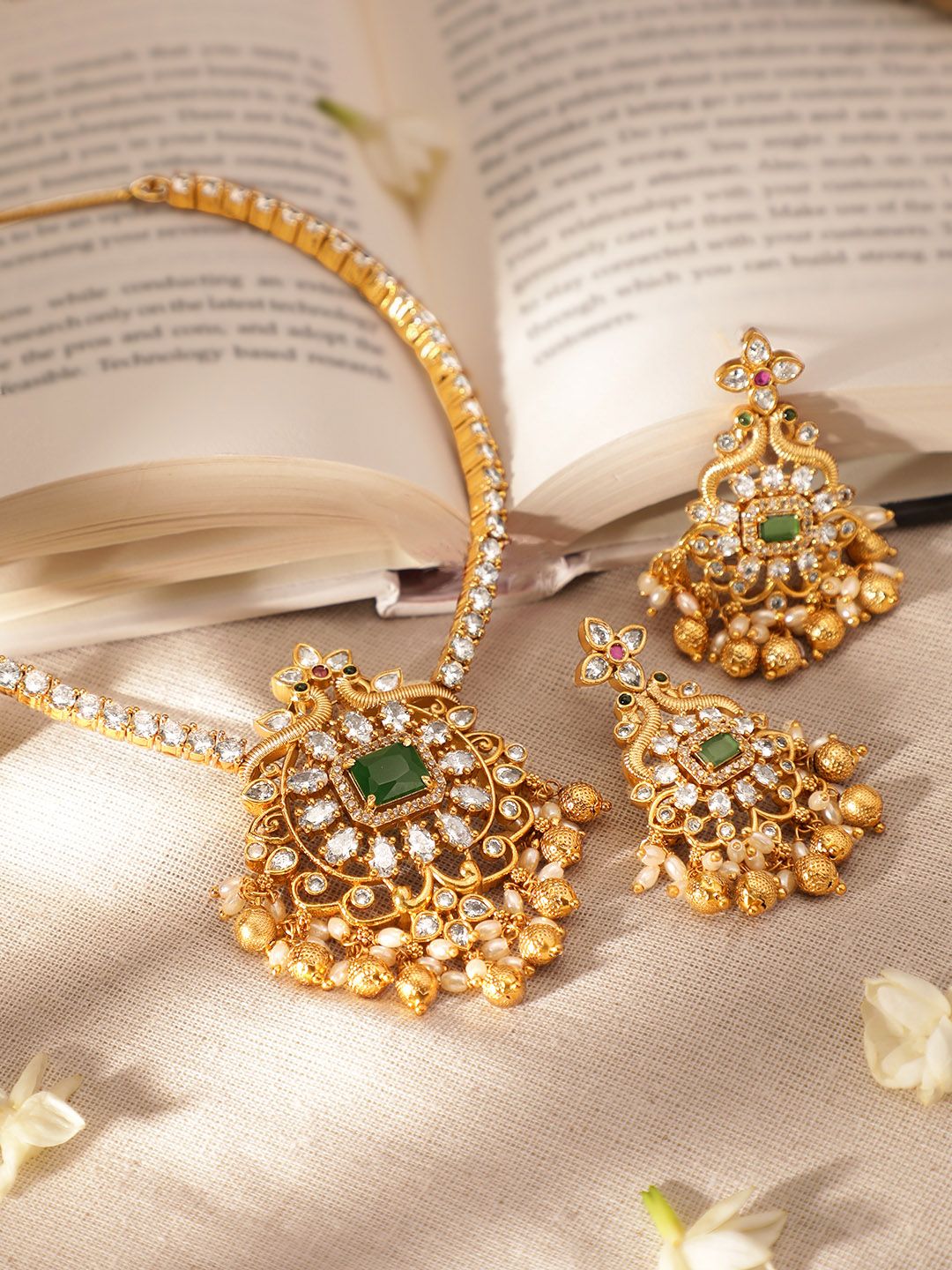Rubans 22K Gold-Plated Emerald & Cubic Zirconia Jewellery Set with Golden & Pearl Beads