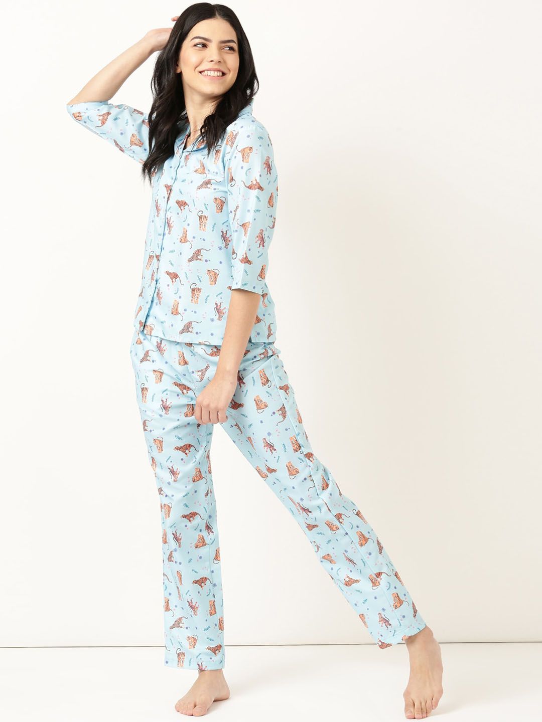 Bannos Swagger Blue Conversational Printed Shirt With Pyjamas