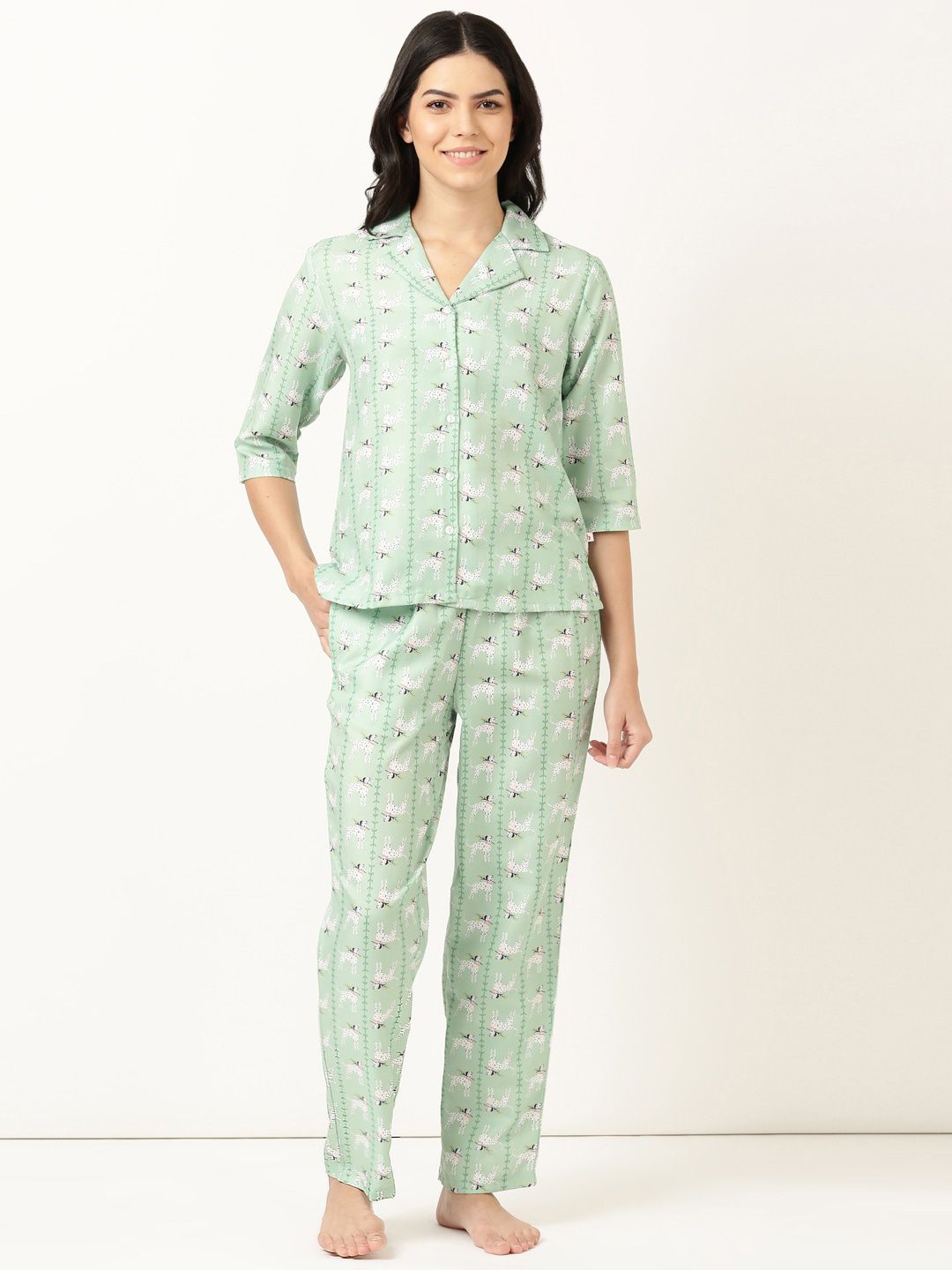 Bannos Swagger Green Conversational Printed Shirt With Pyjamas