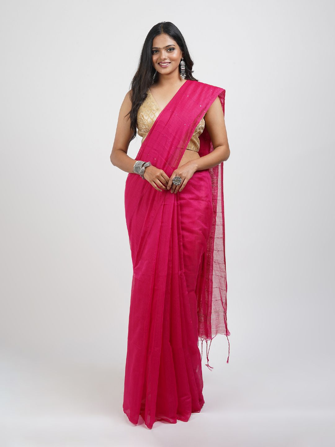 TEEJH Pink Embellished Sequinned Cotton Saree