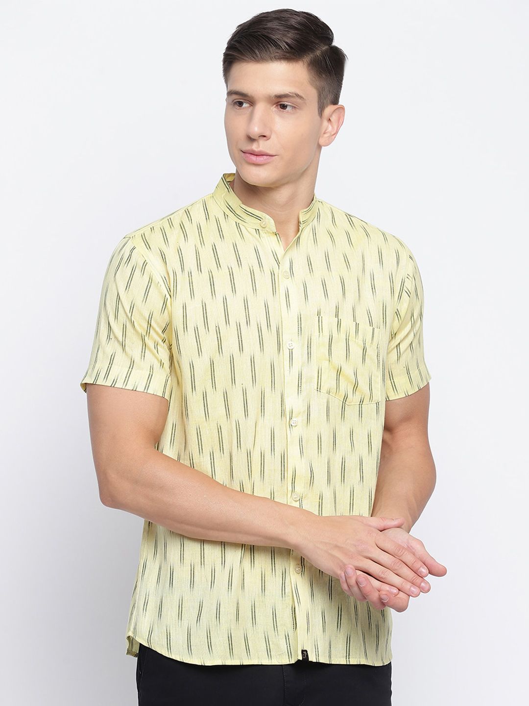JAVINISHKA Striped Cotton Mandarin Collar Classic Slim Fit Opaque Casual Shirt