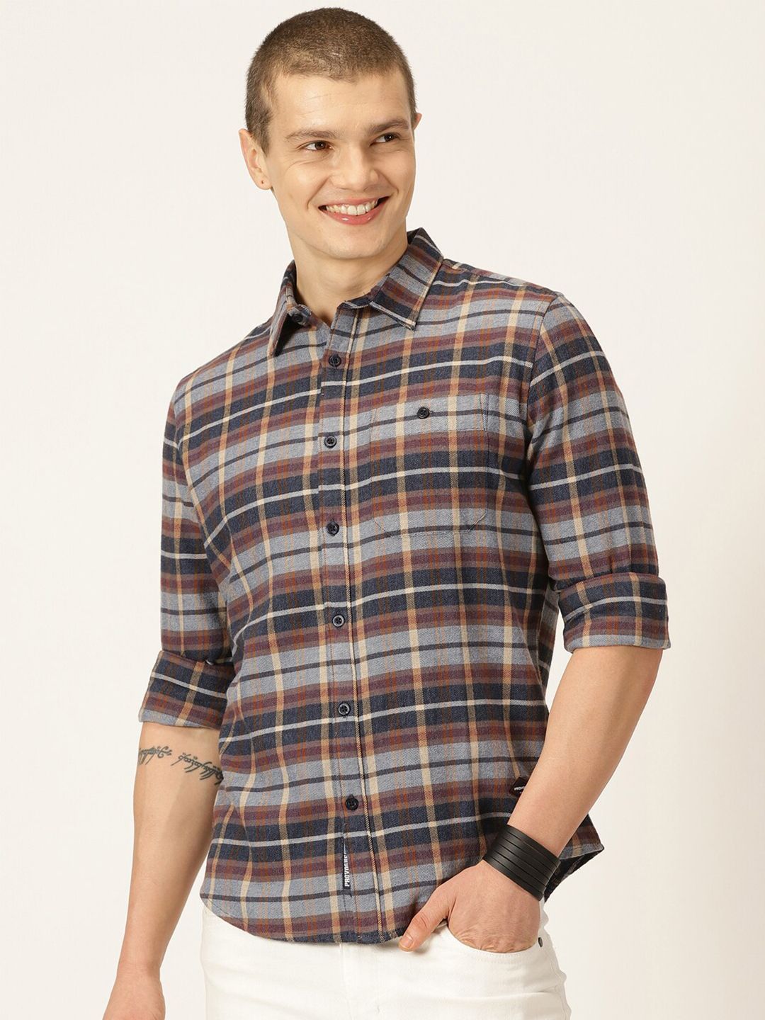 Provogue Classic Slim Fit Tartan Checked Spread Collar Long Sleeves Cotton Casual Shirt