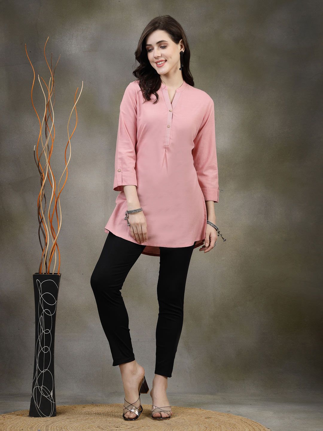Nayam By Lakshita Solid Pink Mandarin Collar Tunic
