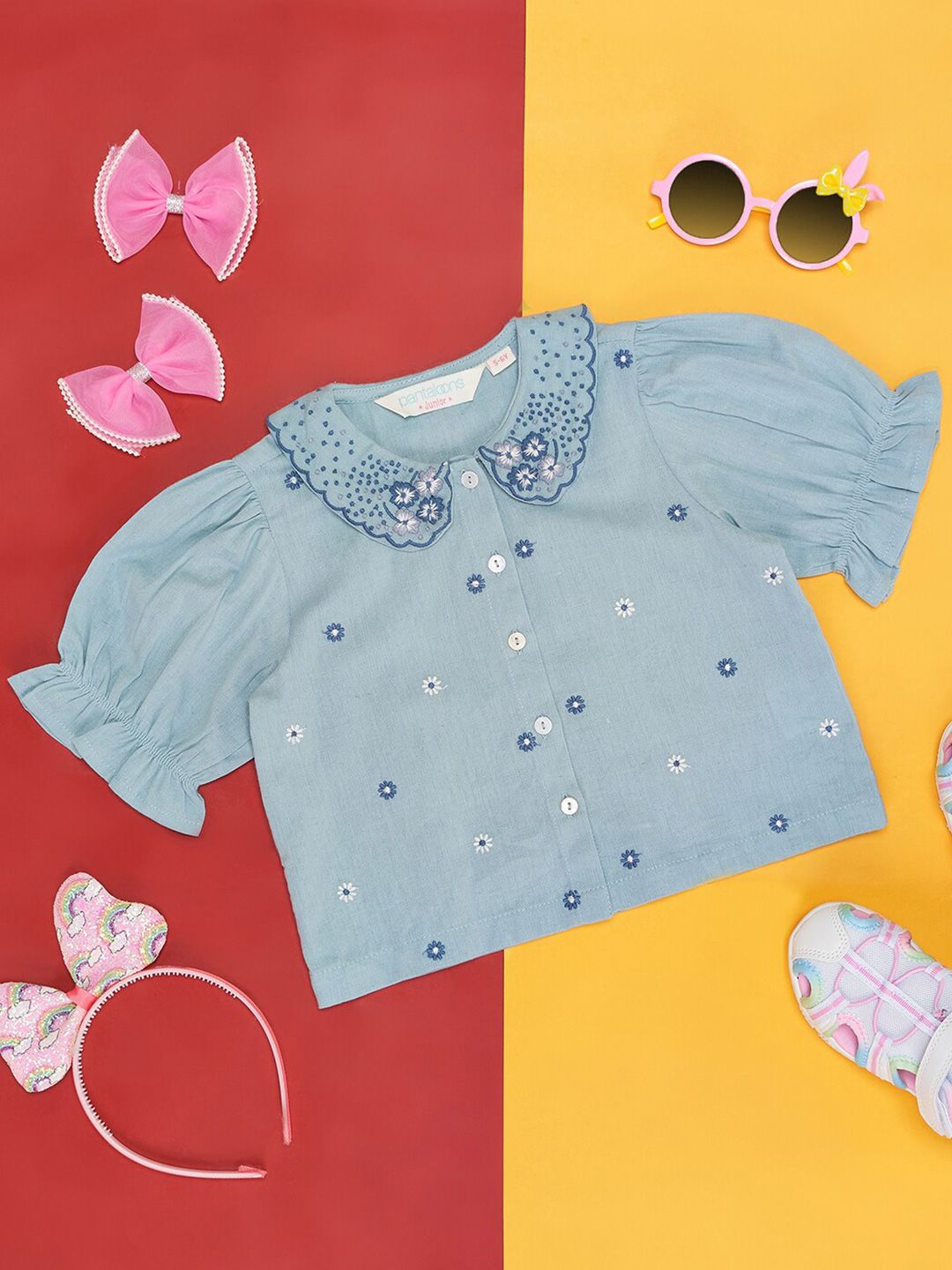AKKRITI BY PANTALOONS Girls Floral Printed Peter Pan Collar Puff Sleeve Cotton Regular Top