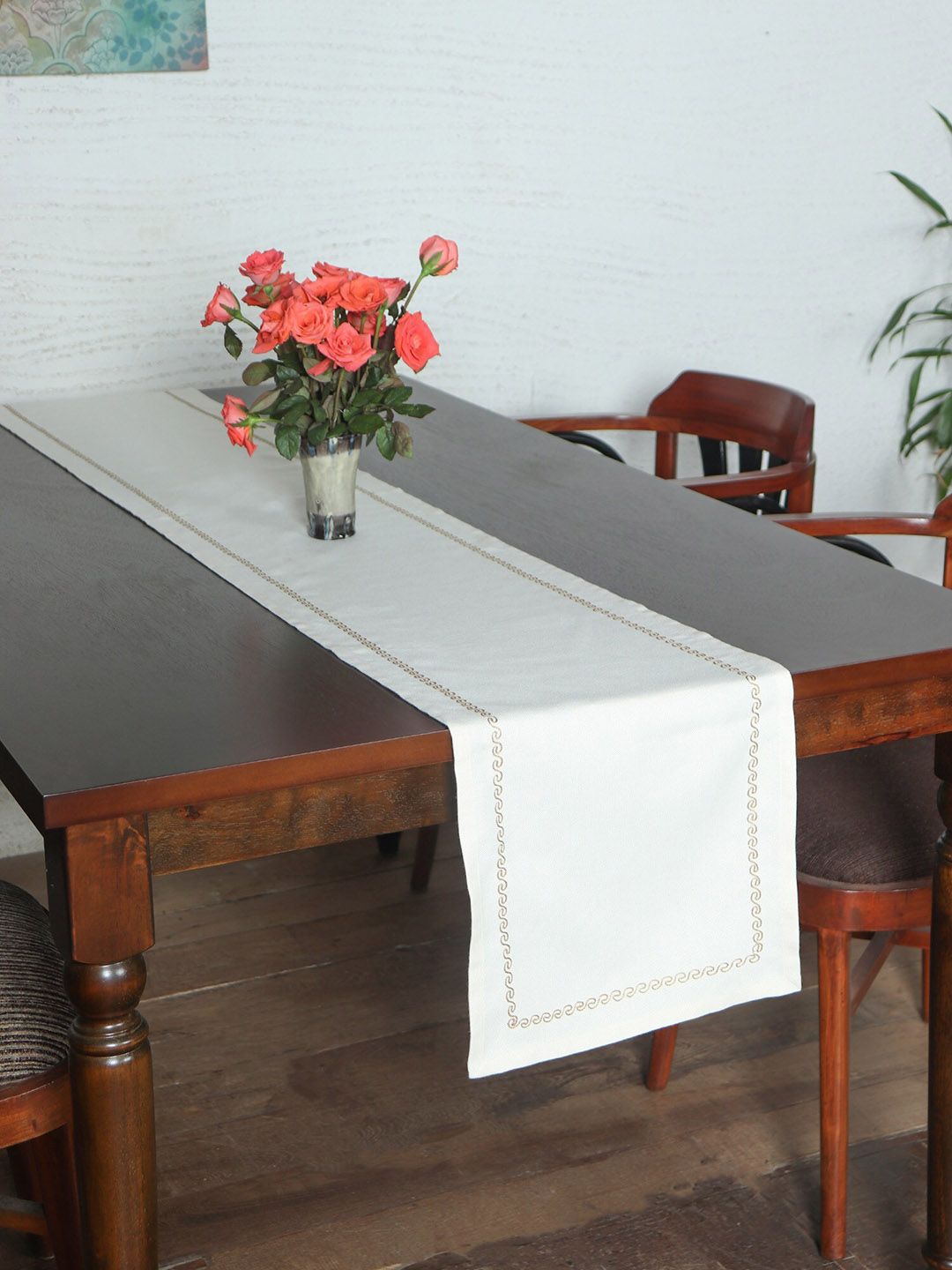 ZEBA Teal Beige Geometric Embroidered Table Runner