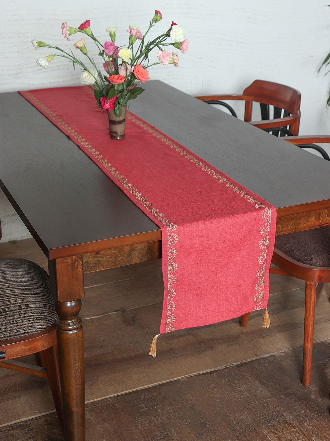 ZEBA Teal Red Floral Embroidered Table Runner
