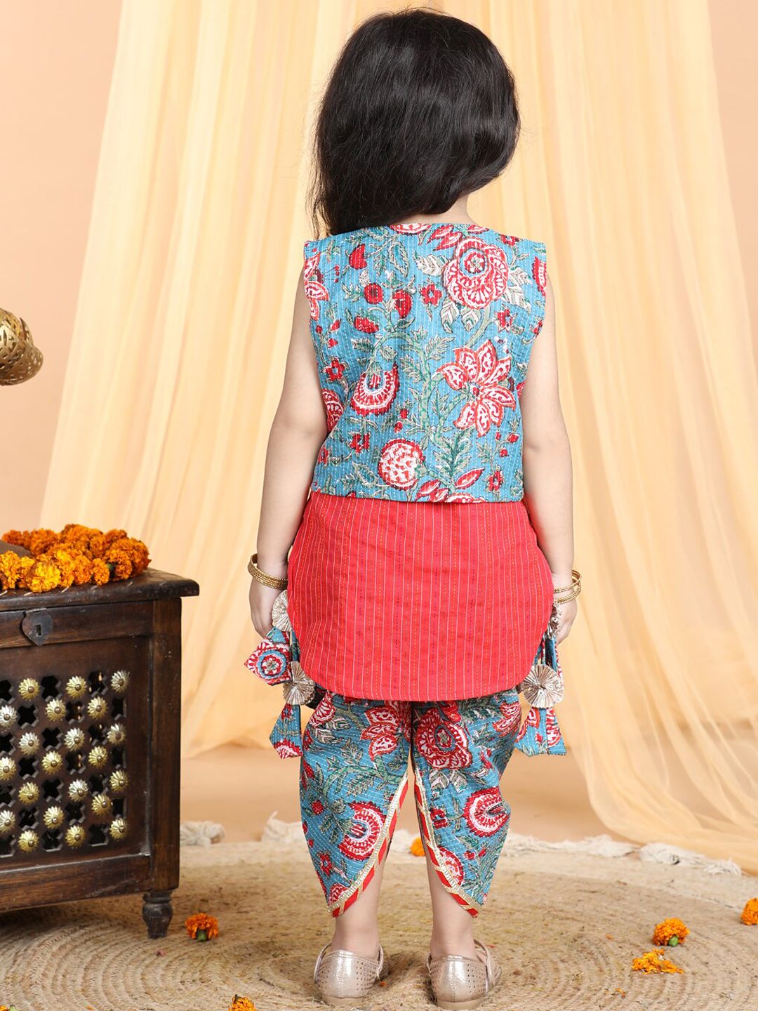 X Kinder Kids Girls Striped Pure Cotton Gotta Patti Kurti With Dhoti Pants & Jacket 5