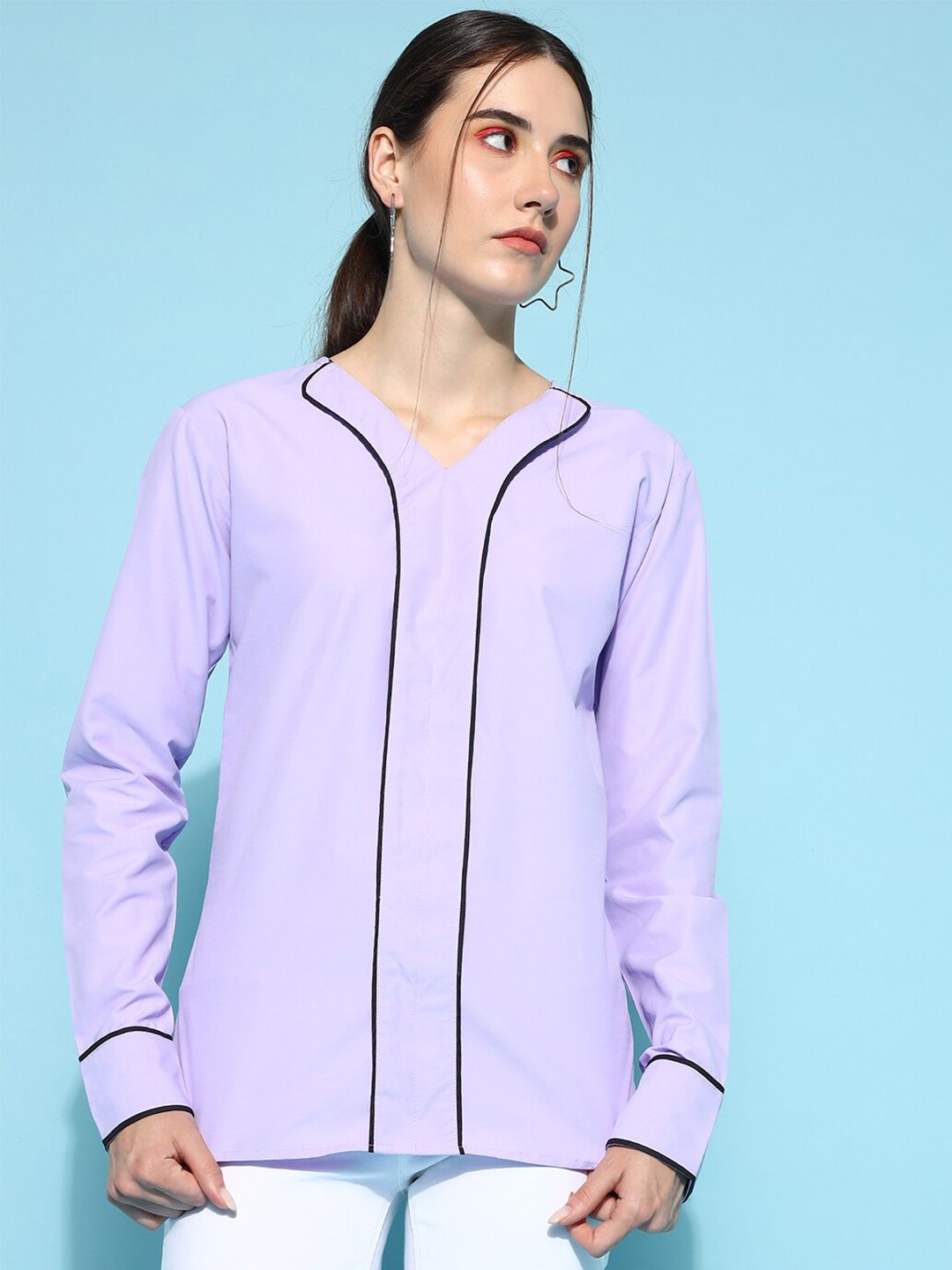 FITHUB V-Neck Cuffed Sleeves Cotton Top