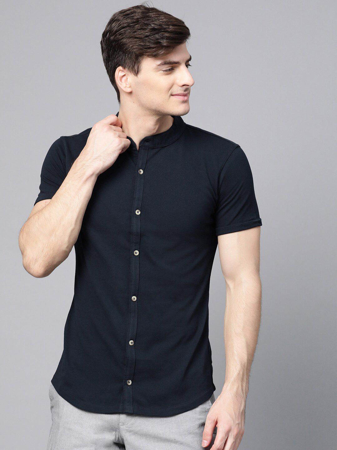 MANQ India Slim Slim Fit Band Collar Short Sleeves Cotton Shirt