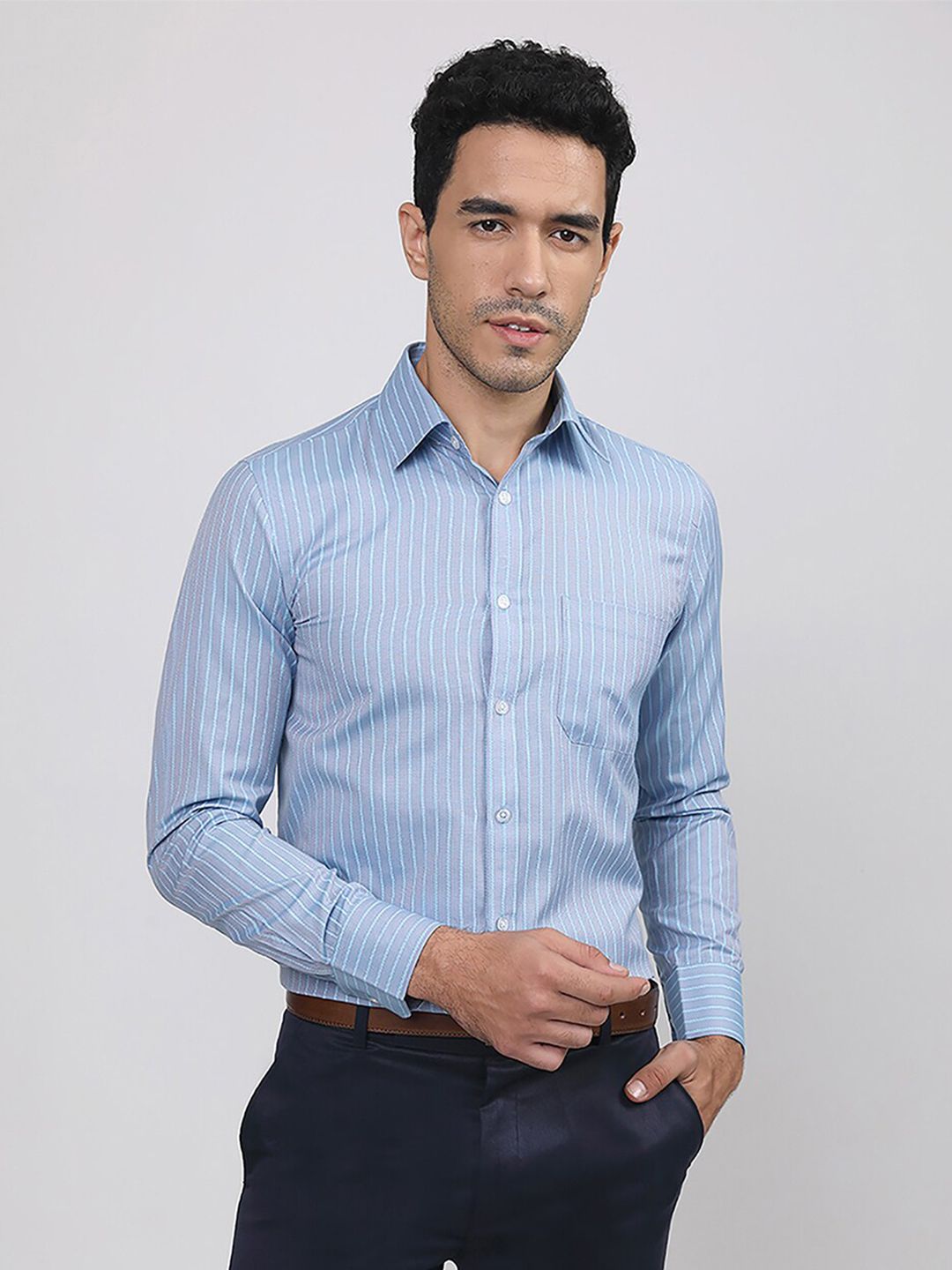 MUTAQINOTI Vertical Striped Comfort Fit Cotton Formal Shirt
