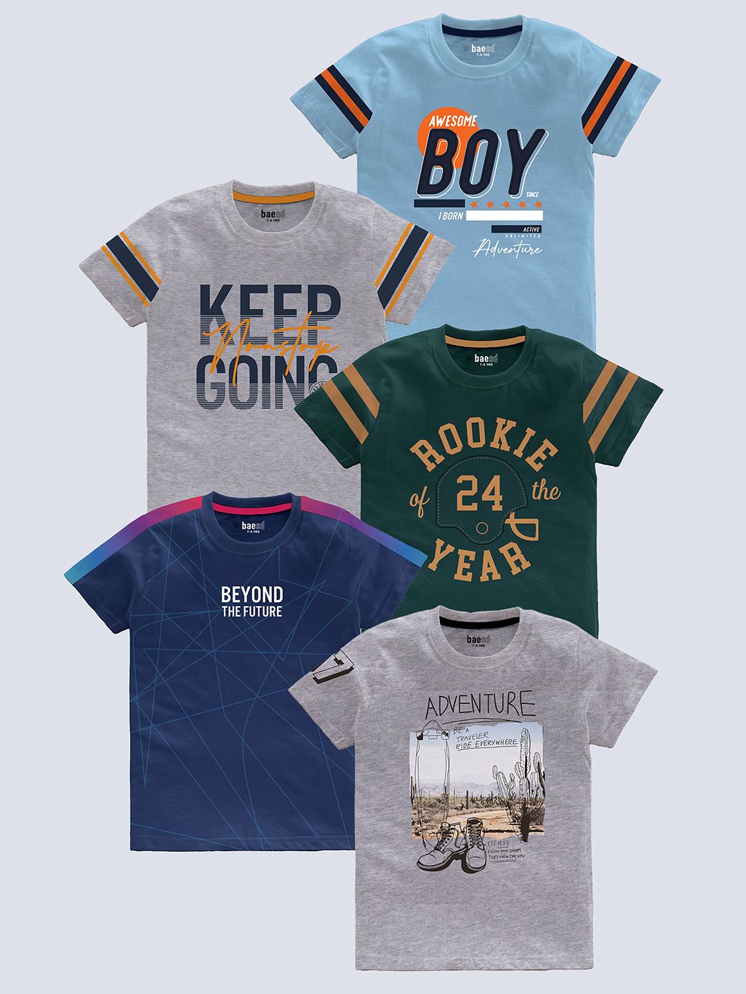 BAESD Boys Pack of 5 Typography Printed Round Neck Pure Cotton T-shirts