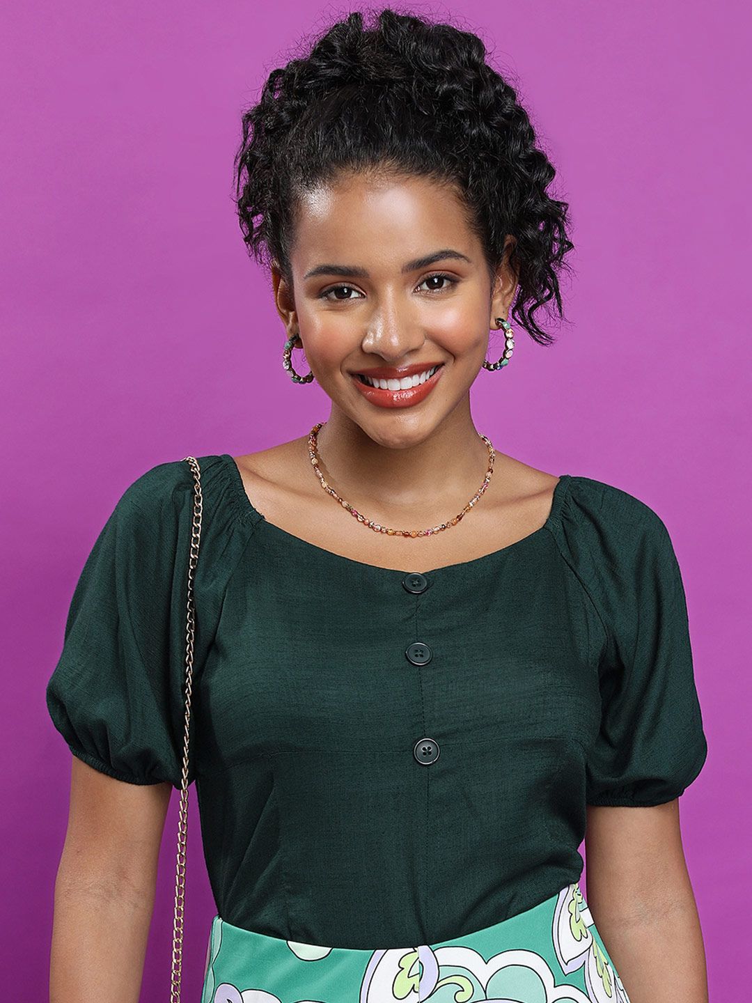 Buy Tokyo Talkies Green V-Neck Puff Sleeve Top - Tops for Women