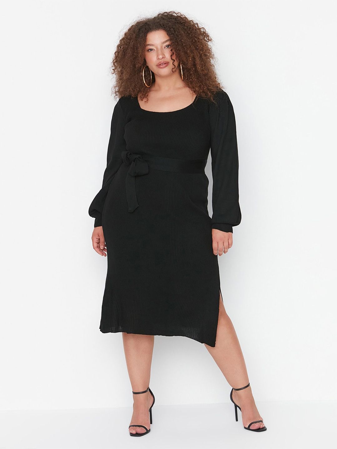 Trendyol Ribbed Long Sleeves Acrylic Sheath Midi Dress