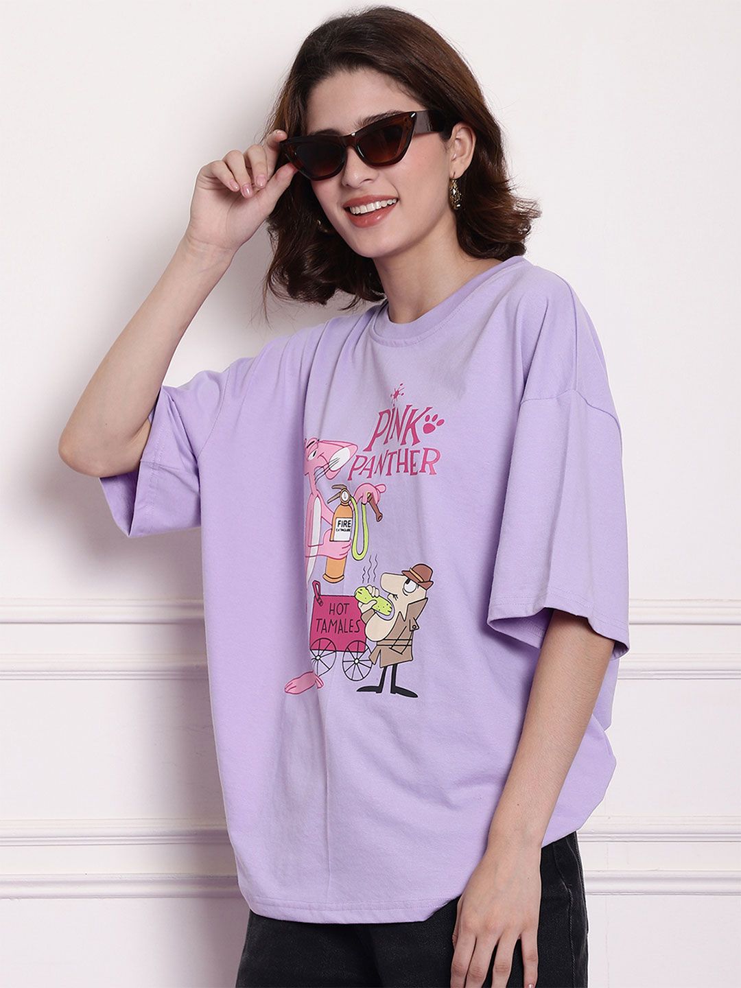 Fabflee Oversized Graphic Pink Panther Printed Drop Shoulder Sleeves Cotton Casual T-shirt